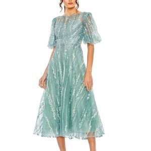 Mac Duggal High Neck Puff Sleeve Embellished A line Dress NWT
